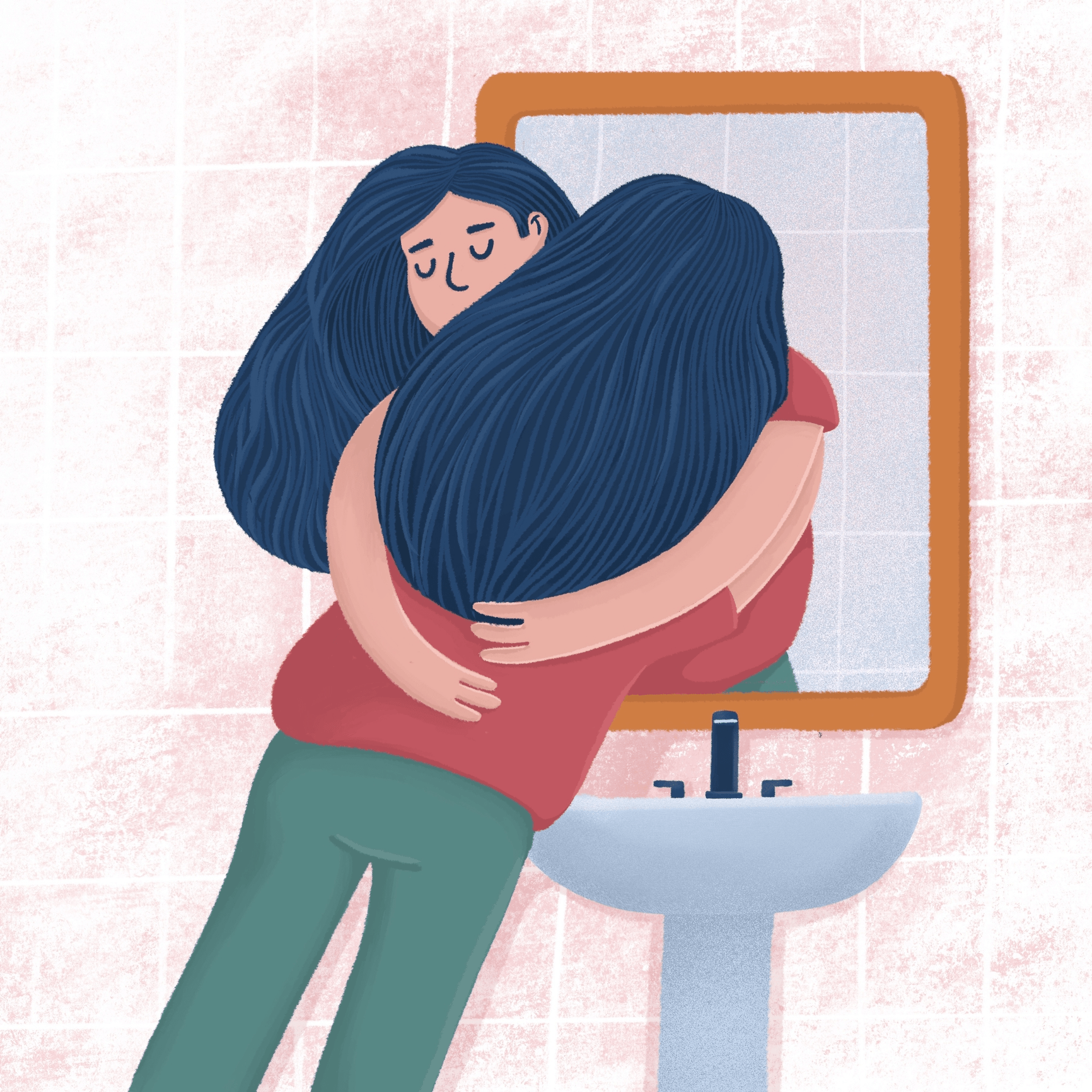 Womans reflection hugging her-self-care-Viktoriia Levitskaia