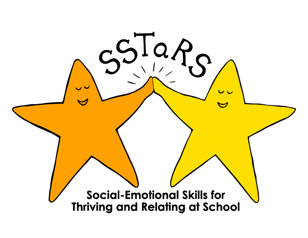 Two cartoon stars, orange and yellow, high-five; title 'Stars' with a subtitle about social‑emotional skills for thriving at school.